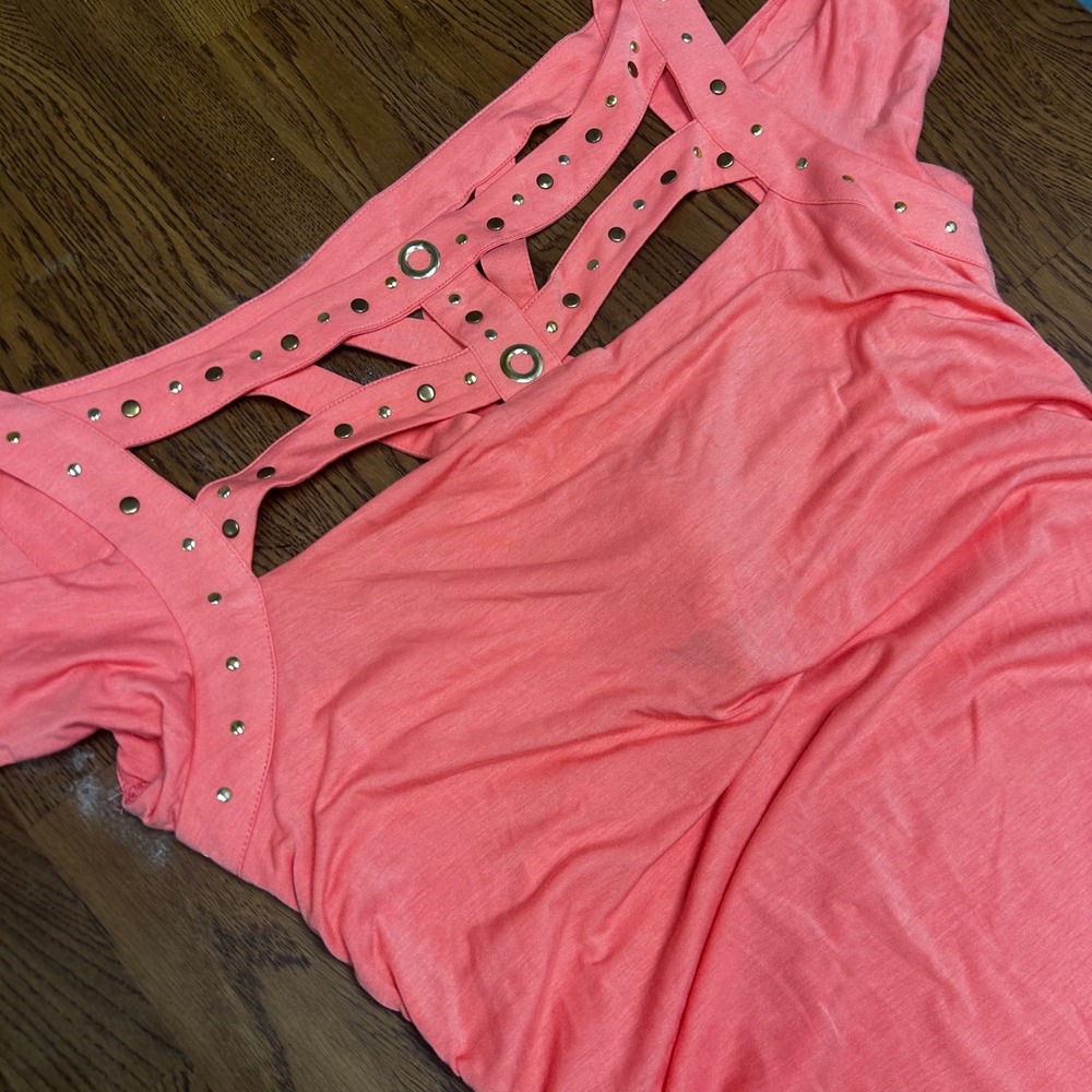 Y2K Baby Phat Coral Pink Ruched Bodycon Dress Studded 2X McBling Clubwear Baddie - Picture 4 of 8